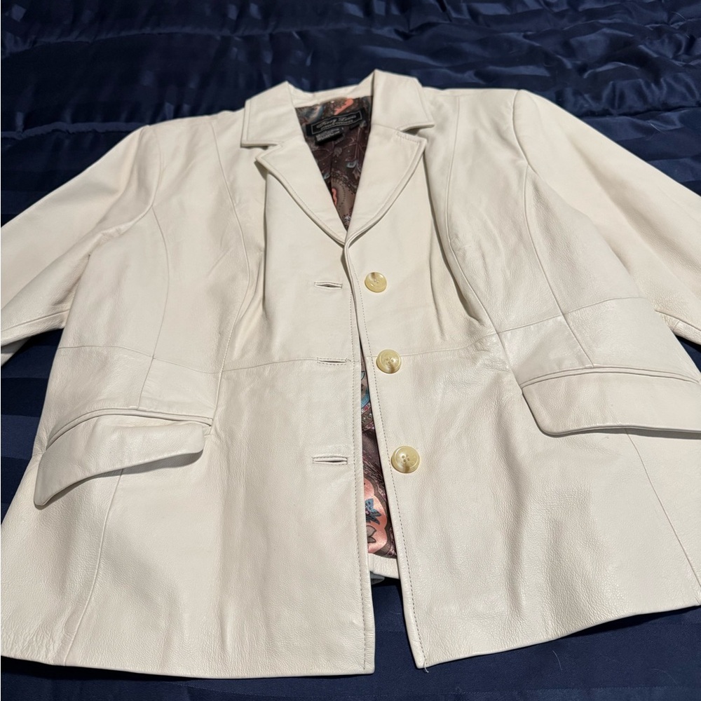 Terry Lewis Classic Luxuries Cream Leather Button-Front Jacket